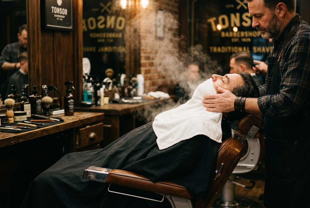 Hot towel shave in progress