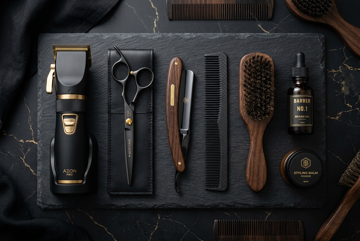 Straight razor and tools on counter