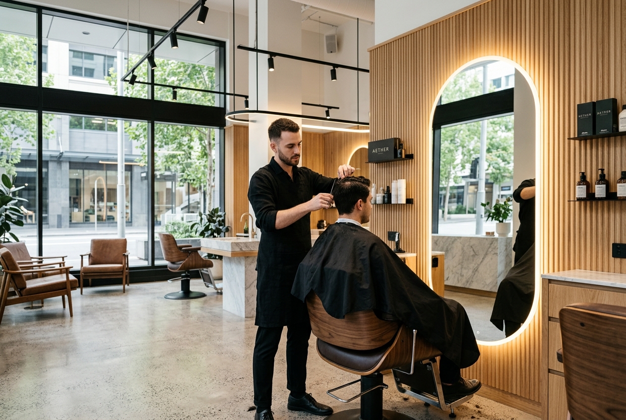 Barber giving a haircut inside Tonsor